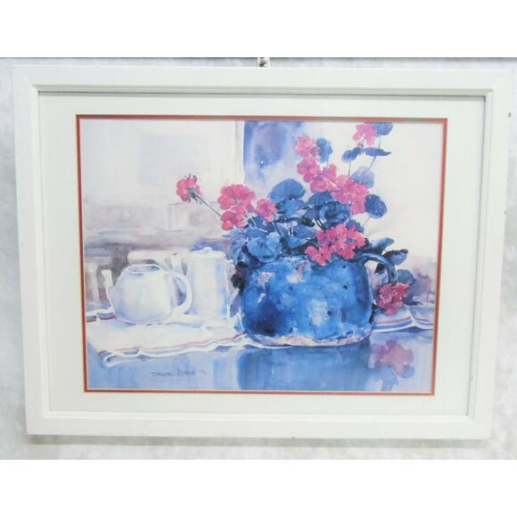 Dawna Barton Framed Wall Art Tea Time 26x20 Kitchen Sunroom Flower Artist Signed - Picture 1 of 5